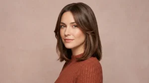 Woman with glossy collarbone brunette hair and soft face framing layers in studio light