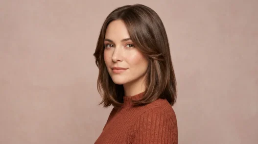 Woman with glossy collarbone brunette hair and soft face framing layers in studio light
