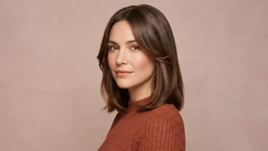 Woman with glossy collarbone brunette hair and soft face framing layers in studio light