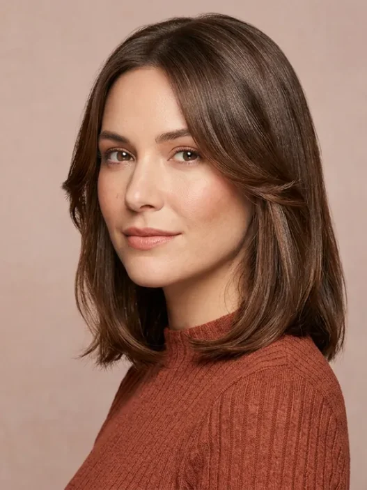 Woman with glossy collarbone brunette hair and soft face framing layers in studio light