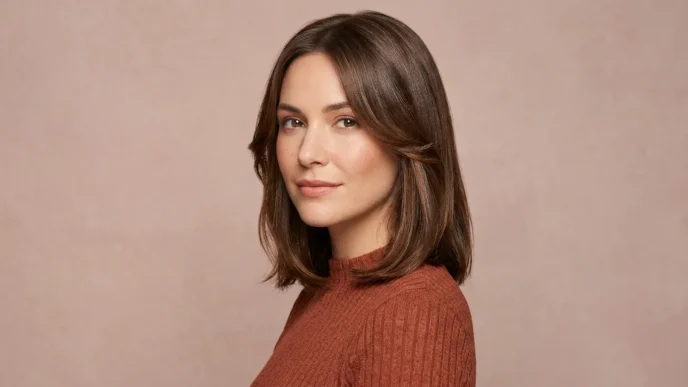 Woman with glossy collarbone brunette hair and soft face framing layers in studio light