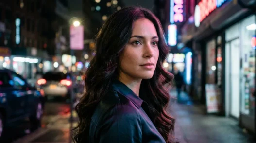 Woman with long soft glam waves over shoulder under neon lights at night