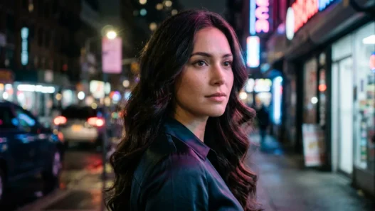 Woman with long soft glam waves over shoulder under neon lights at night