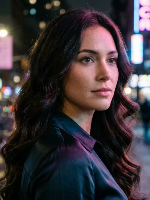 Woman with long soft glam waves over shoulder under neon lights at night