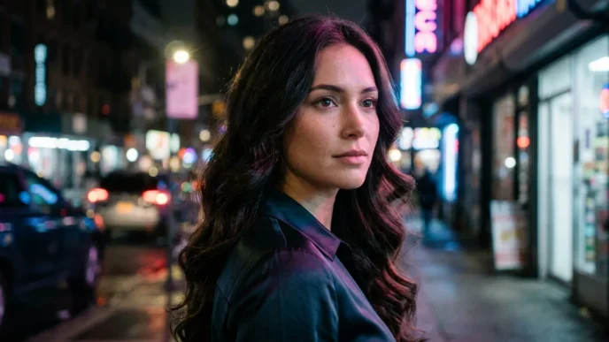 Woman with long soft glam waves over shoulder under neon lights at night
