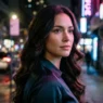Woman with long soft glam waves over shoulder under neon lights at night