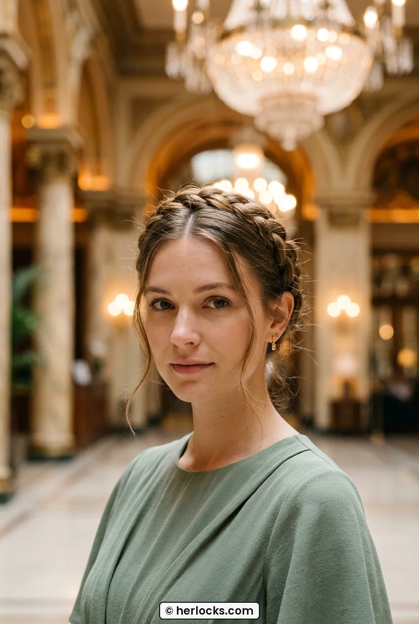 Woman with milkmaid braids pinned over crown and soft center part