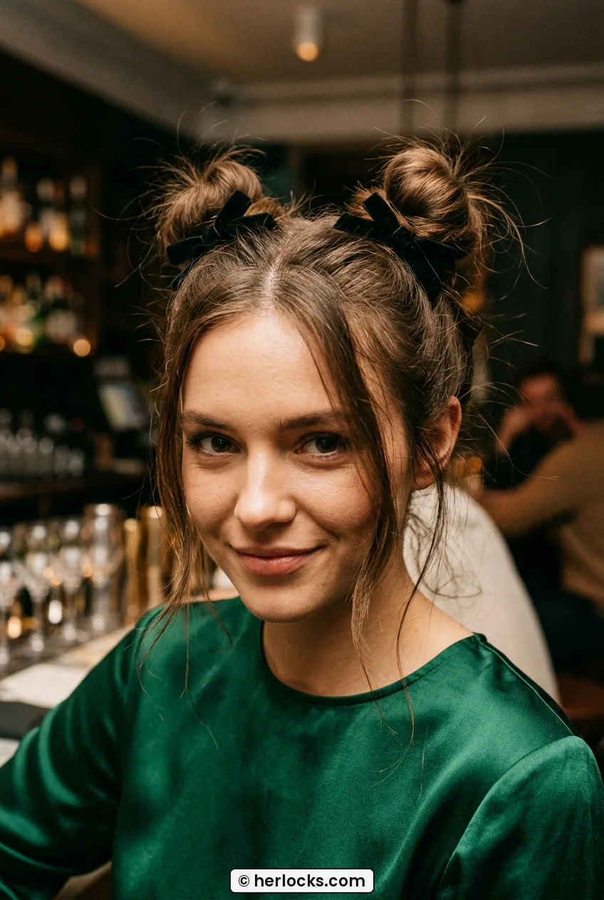 Woman with two messy space buns decorated with tiny black velvet bows