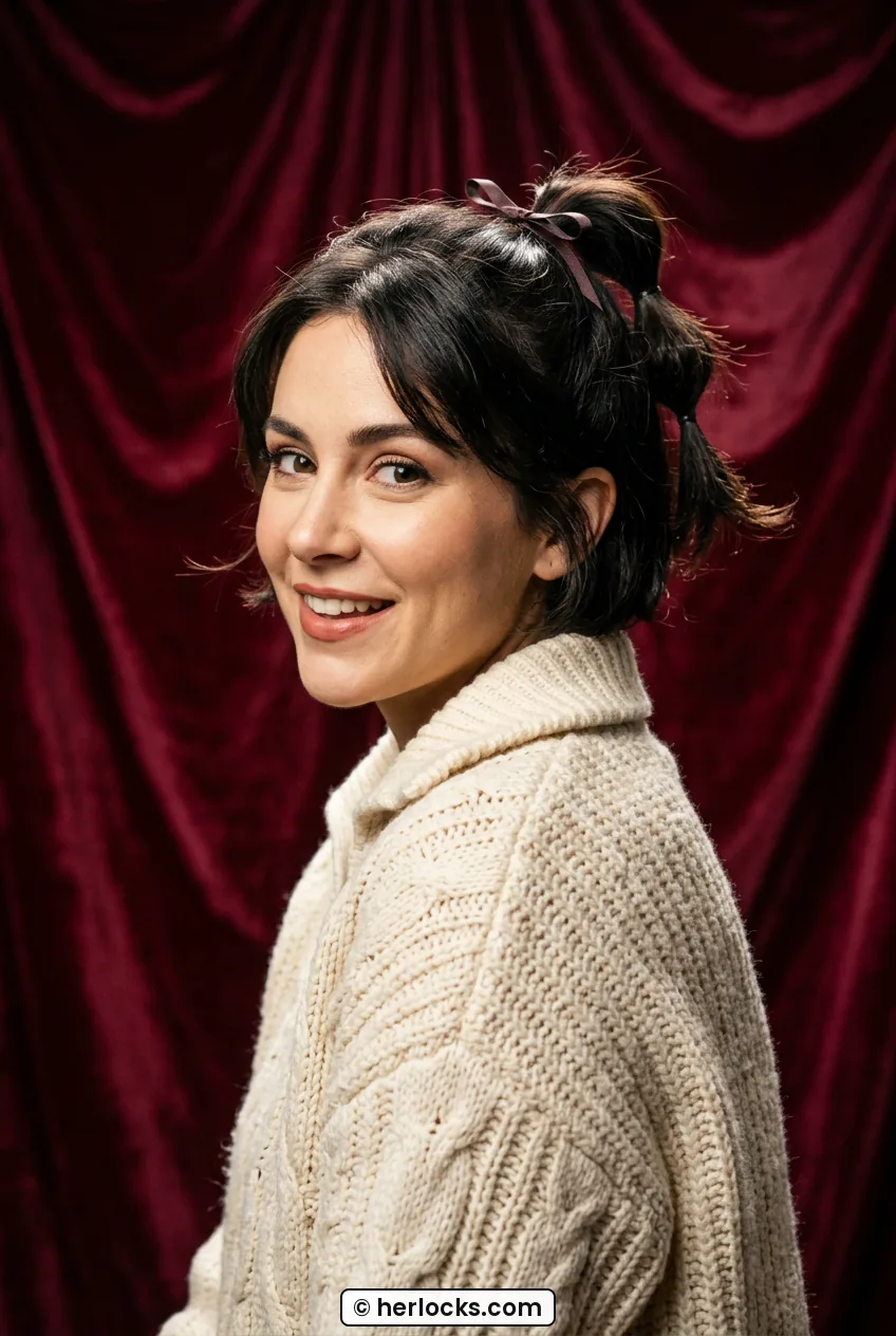 Woman with short dark hair styled in playful mini bubble ponytail with ribbon