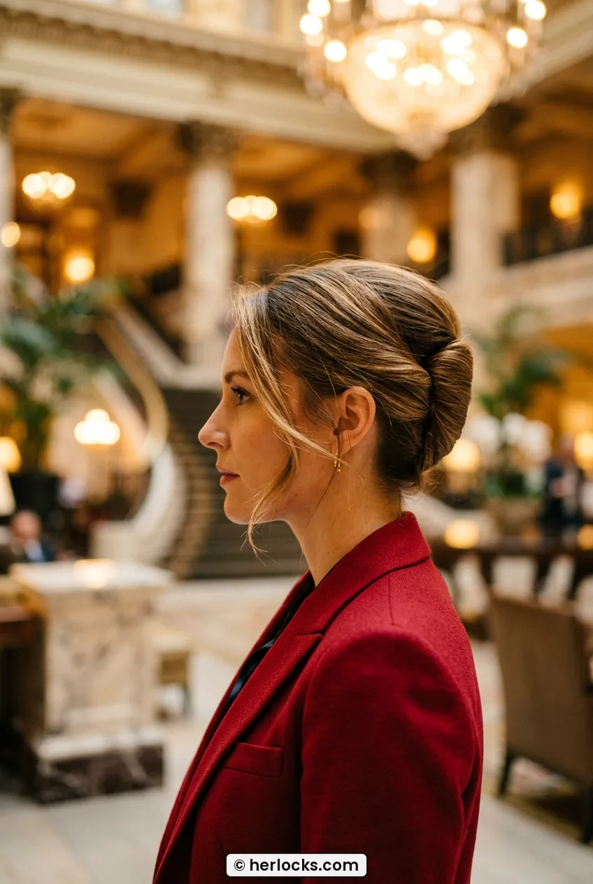 Side view of woman with polished French twist showing clean folded shape