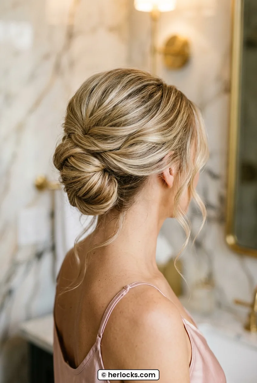 Woman with modern loose French twist and soft front volume in close portrait