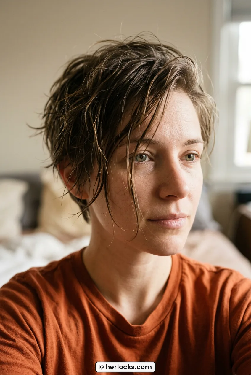 Woman with tousled morning long pixie showing front crease in window light