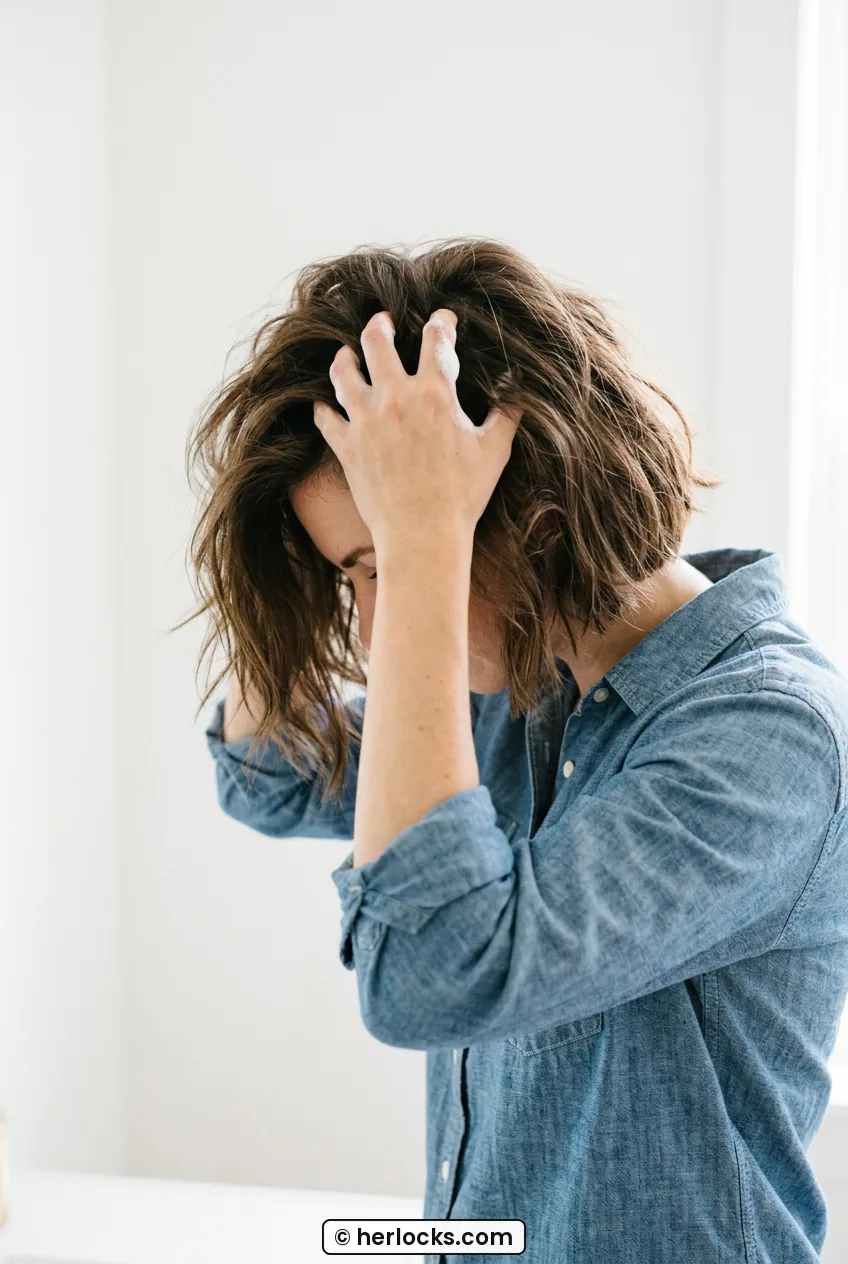 Woman applying mousse to roots of chin-length bob for volume