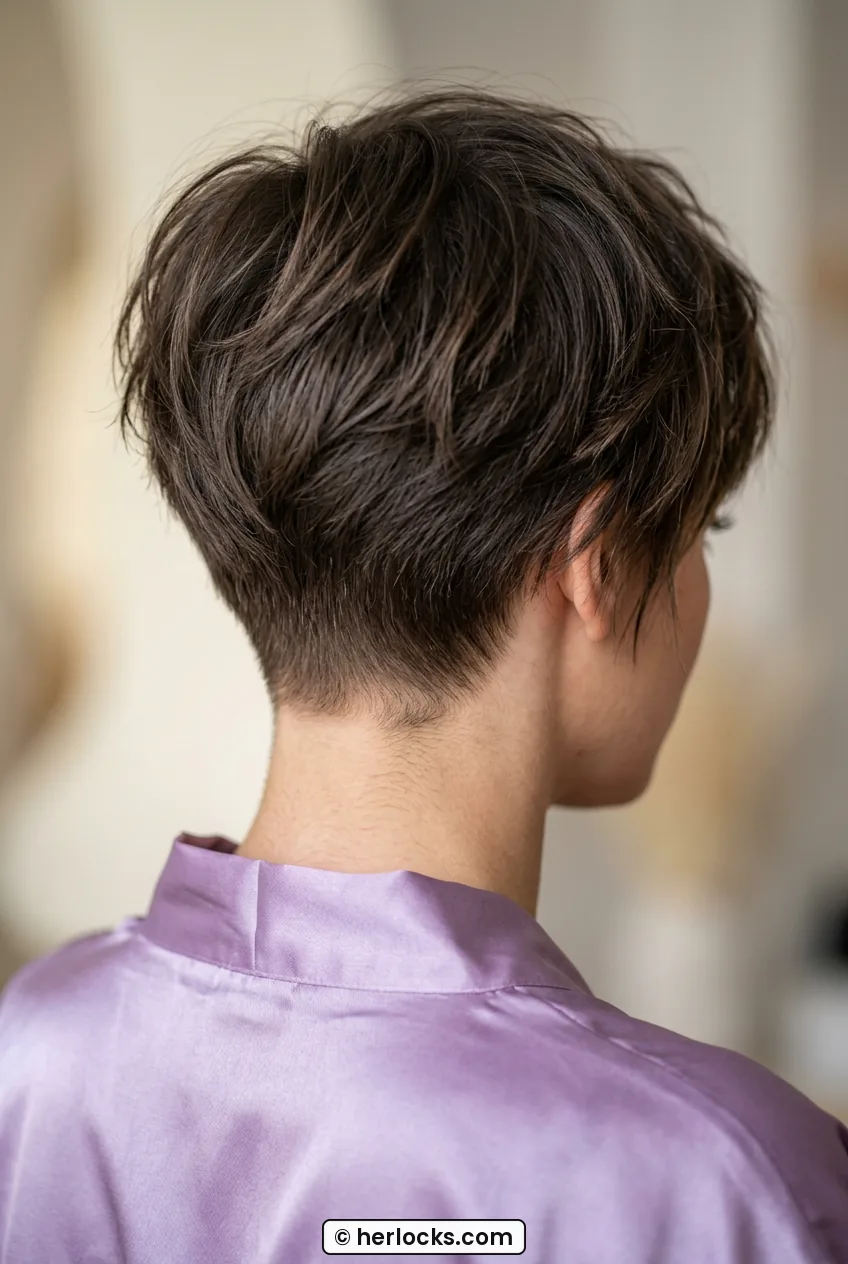 Back view of woman with tapered nape and layered crown on long pixie