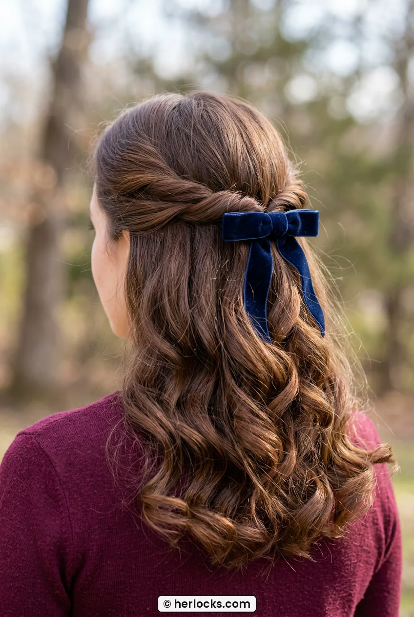 Woman with twisted half-up hairstyle and navy velvet bow with curled ends