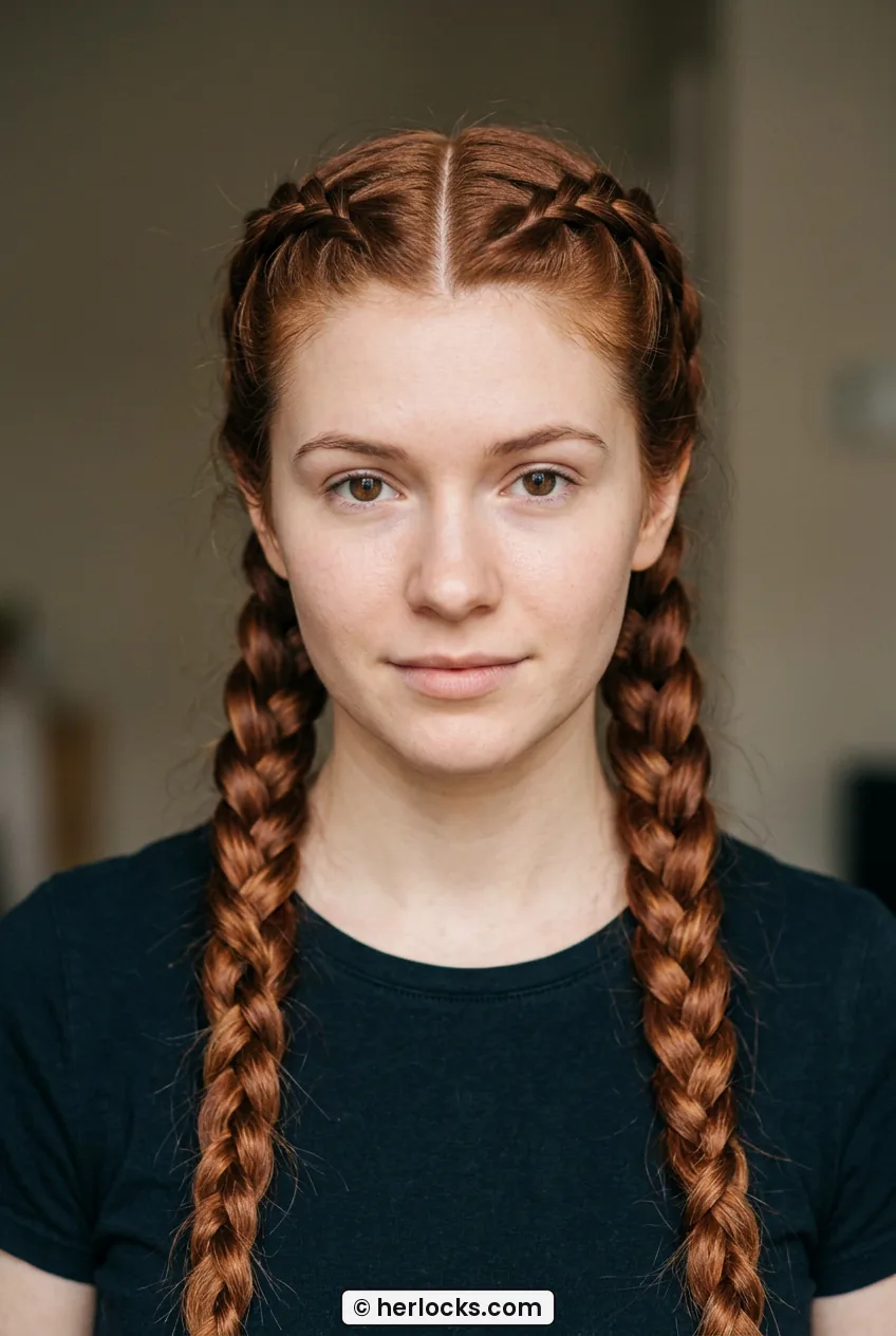 Woman with long auburn hair in two neat double Dutch braids