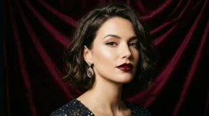 Woman with chin-length tousled brunette bob against burgundy velvet backdrop in studio light