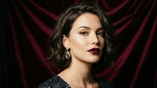 Woman with chin-length tousled brunette bob against burgundy velvet backdrop in studio light
