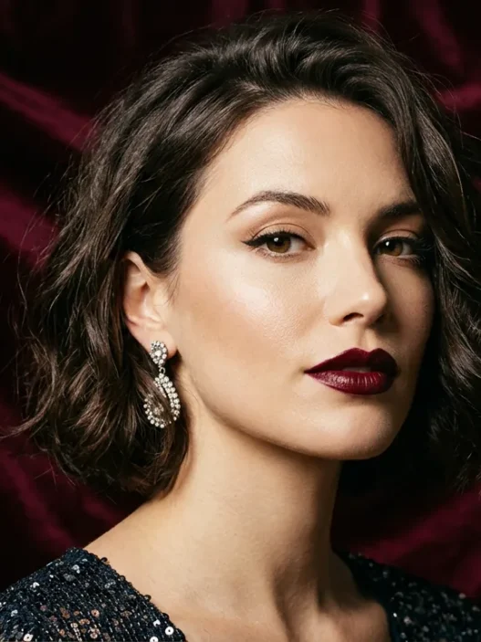 Woman with chin-length tousled brunette bob against burgundy velvet backdrop in studio light