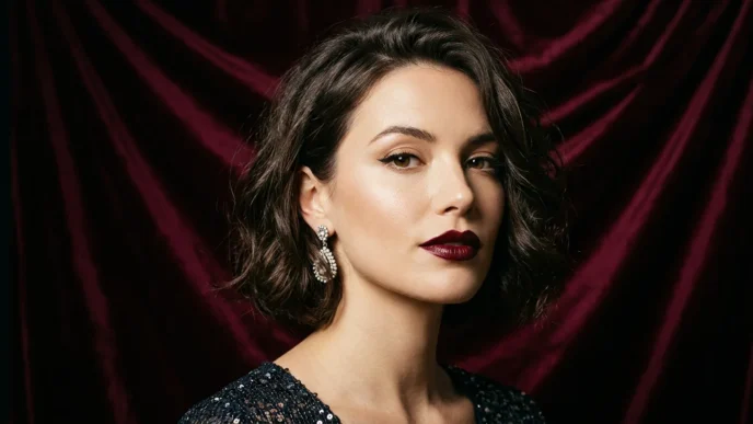 Woman with chin-length tousled brunette bob against burgundy velvet backdrop in studio light