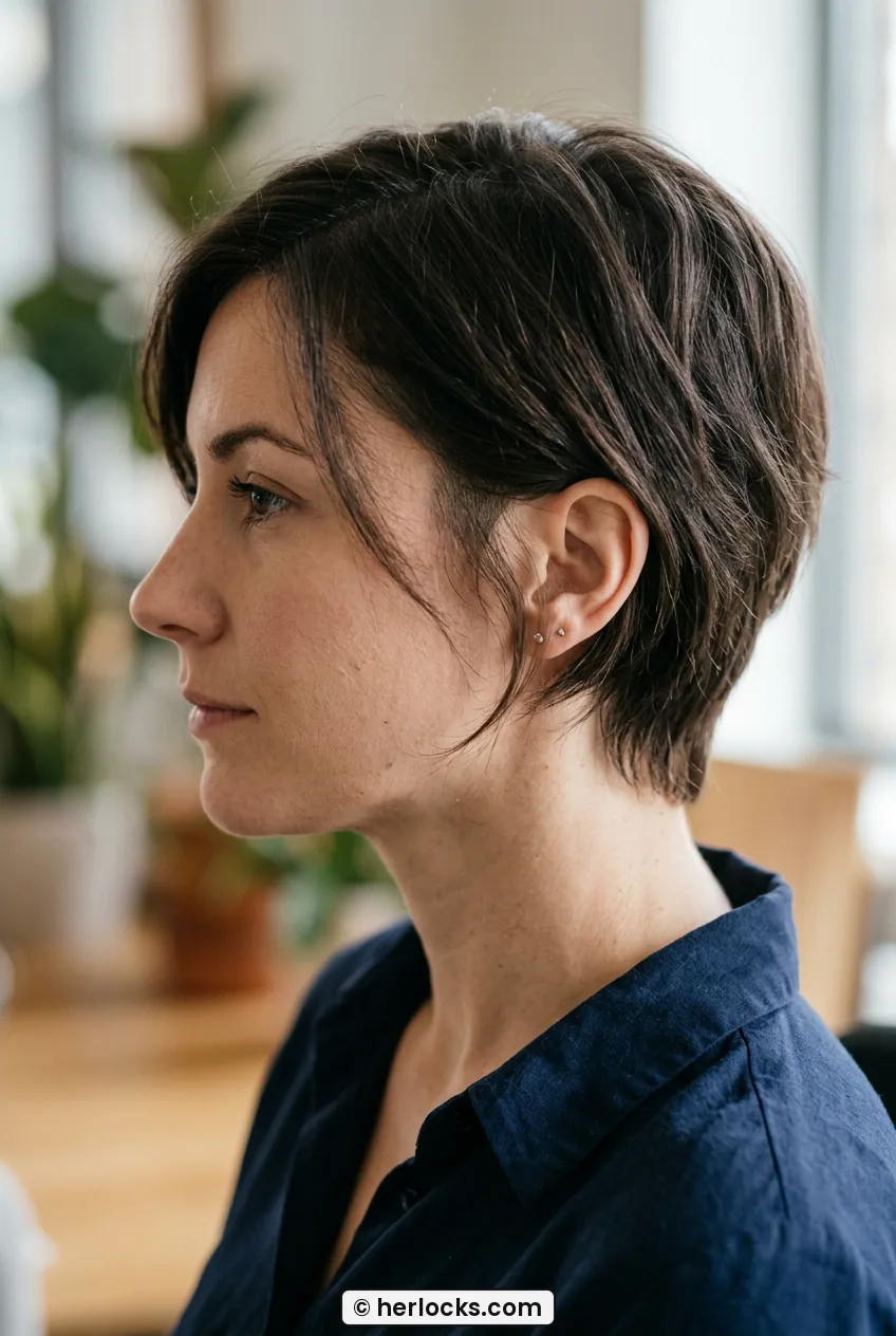 Side profile of woman with grown out pixie tucked behind ear in office light