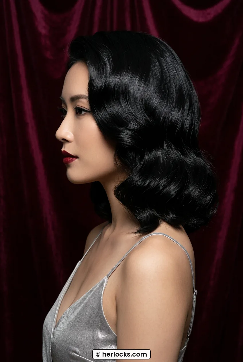 Woman with medium black hair in sculpted old Hollywood side wave shown in side profile