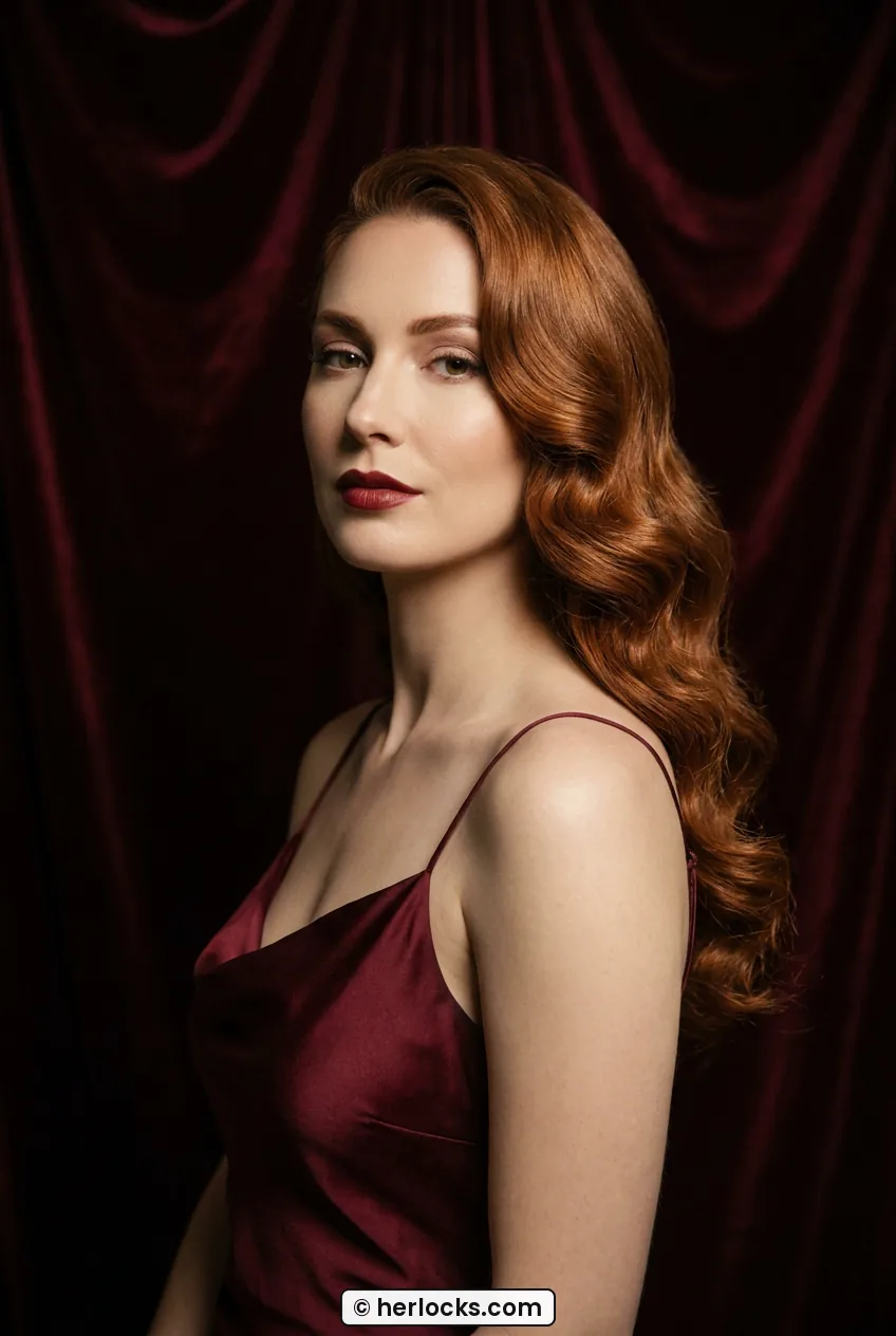 Woman with copper auburn Hollywood waves swept over one shoulder in dramatic lighting