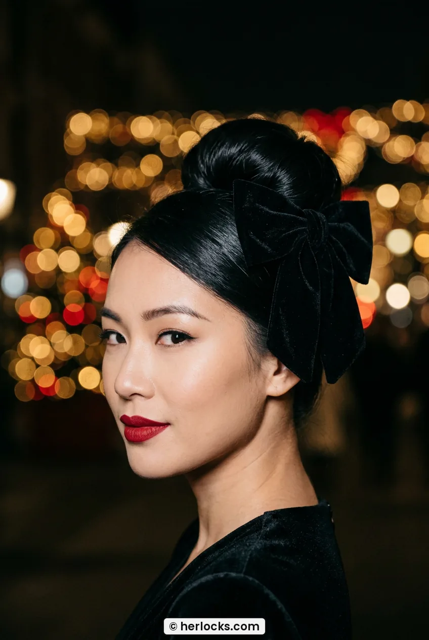 Woman with sleek high bun and oversized black velvet bow with red lip