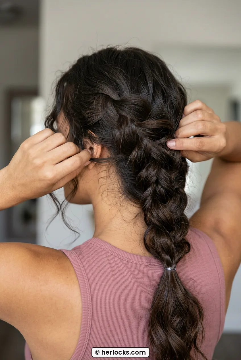Close view of loose side braid being gently pulled wider for fullness