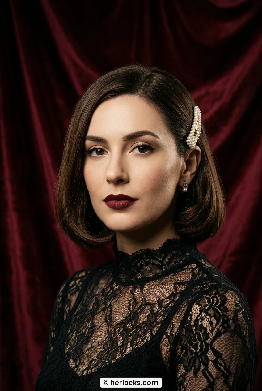 Woman with blunt French bob with one side tucked and pearl clip
