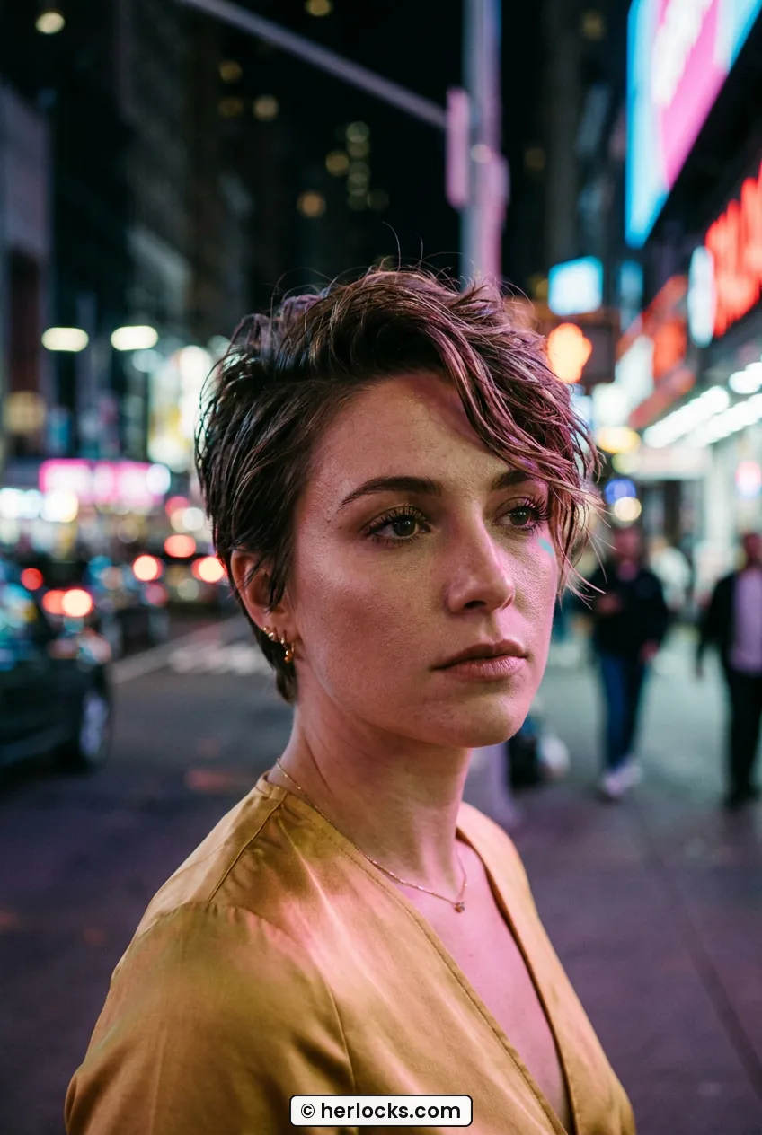 Woman with textured pixie with deep side part and piecey ends