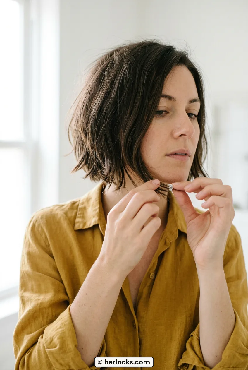 Woman pinching piecey ends of chin-length French bob with fingers