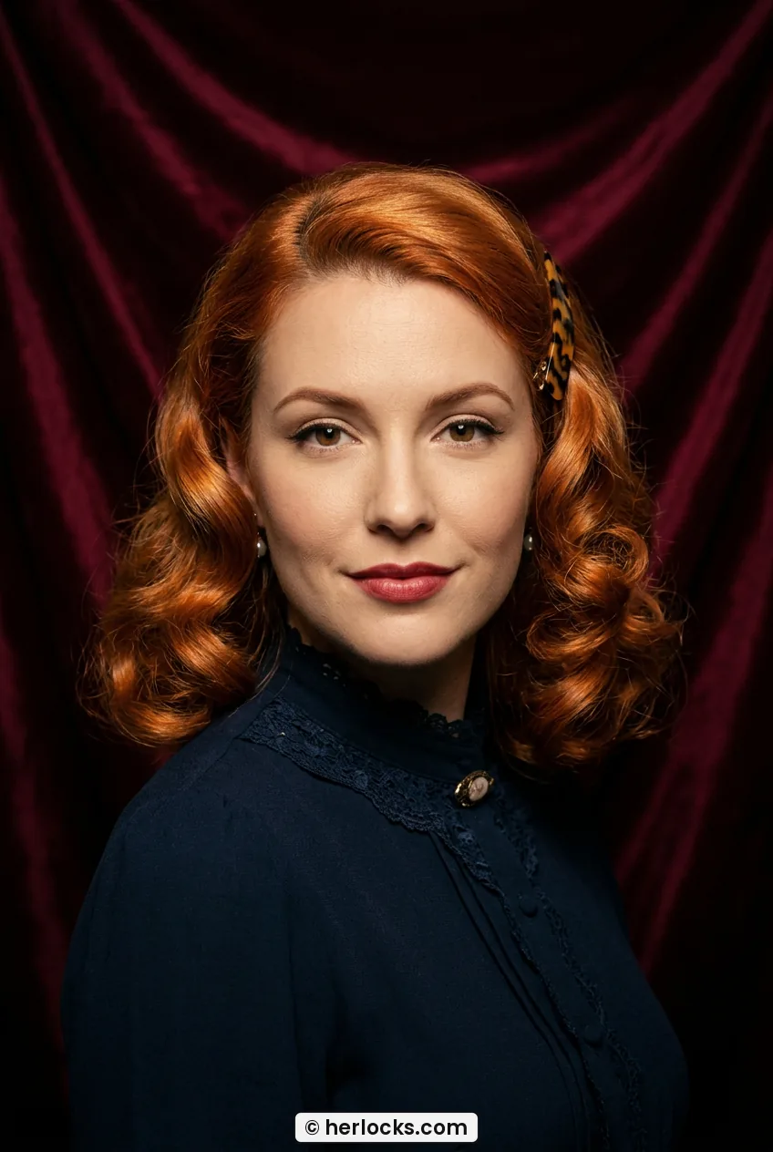 Woman with soft pinned curls and tortoise barrette in front portrait