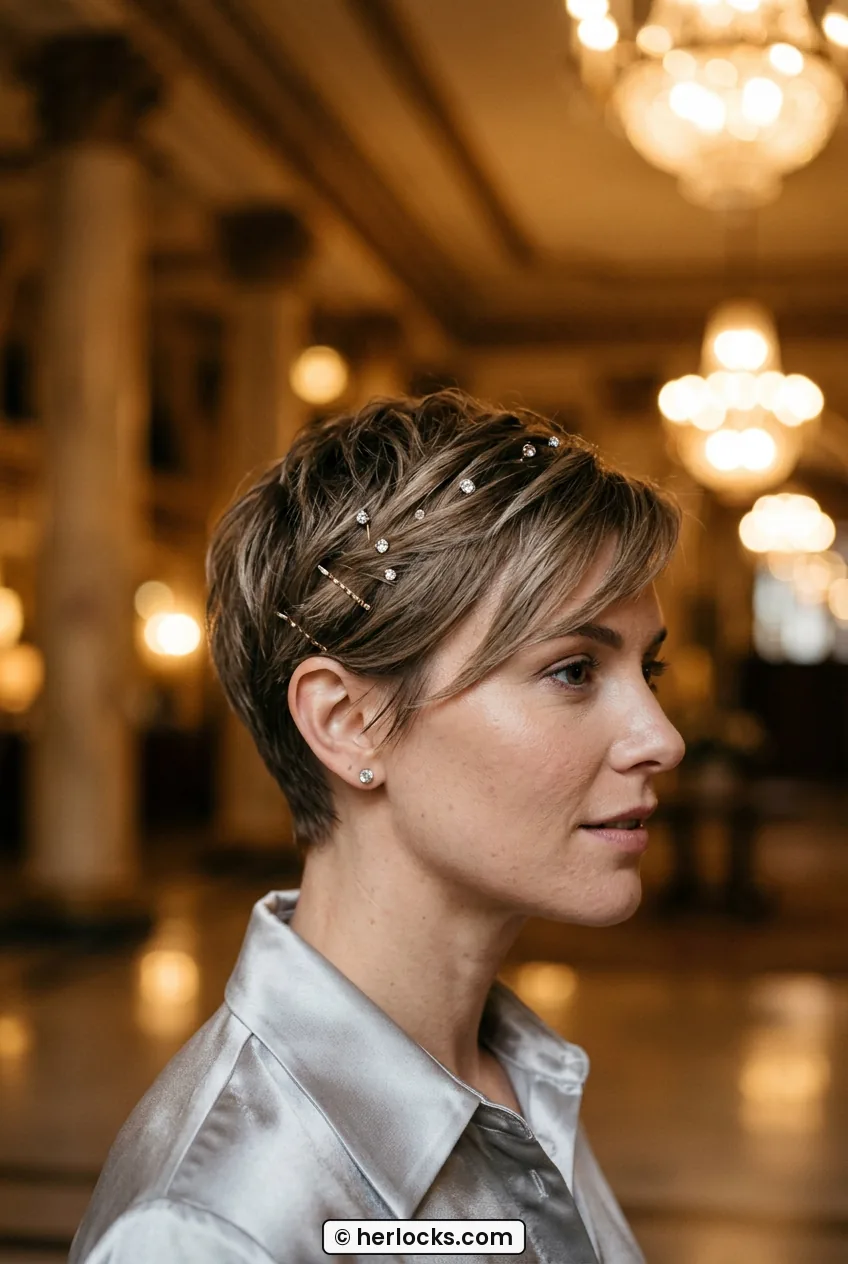 Woman with sparkling pinned pixie cut showing side-swept textured fringe