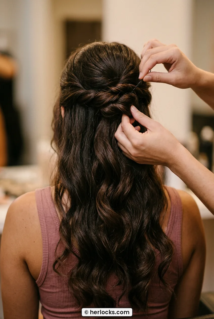 Close-up of fingers pinning twisted half up bun at back of head