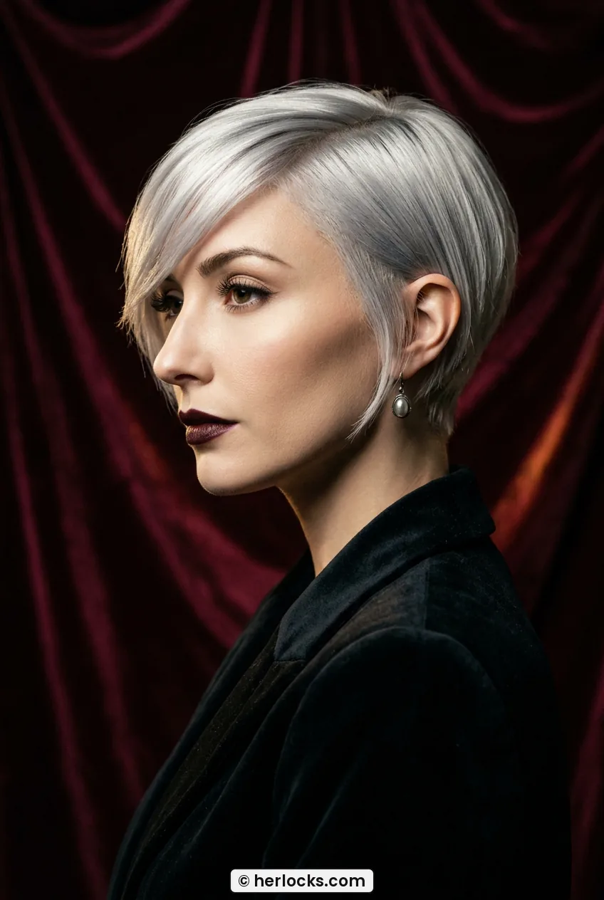 Side profile of woman with sleek platinum pixie and long fringe swept upward