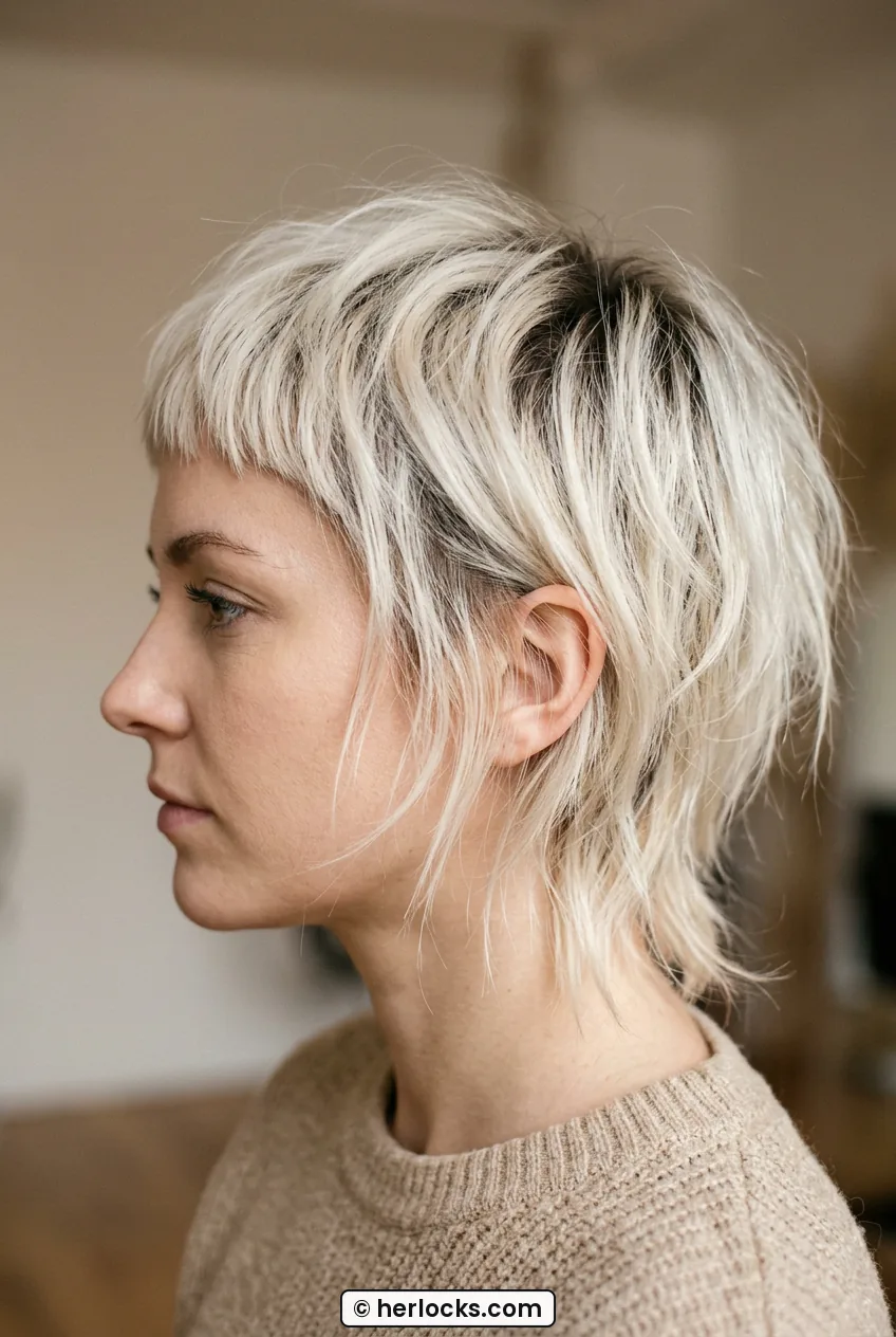 Woman in side profile with platinum pixie bob shag and short micro fringe
