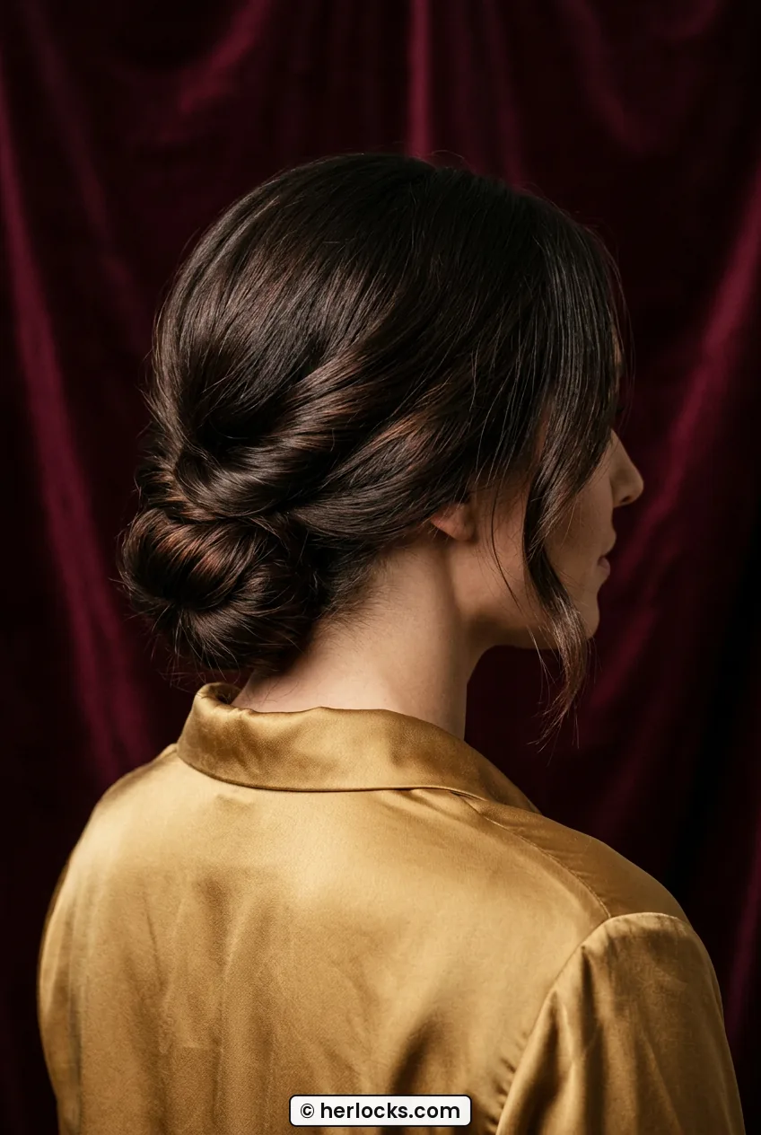 Woman with medium dark hair in low polished bun twist viewed over shoulder showing nape detail