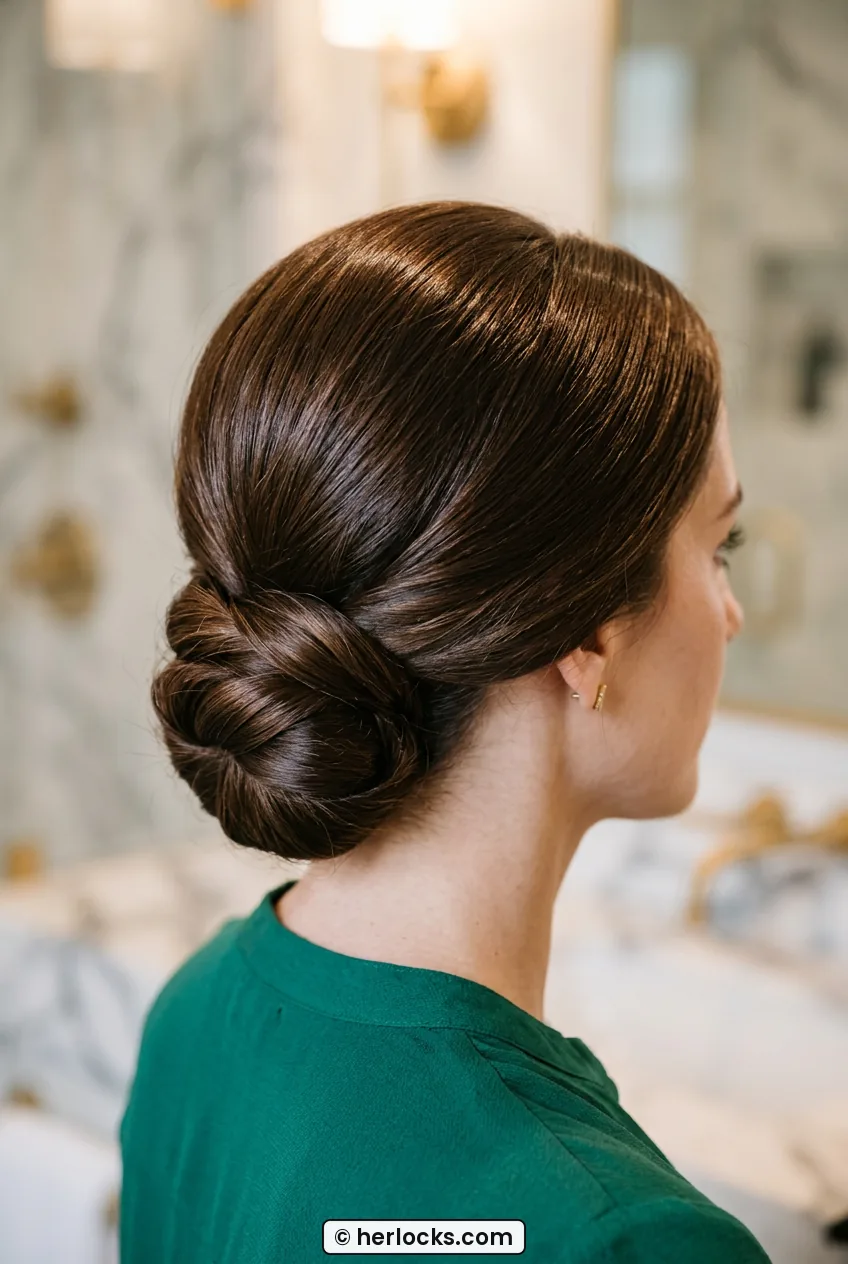 Woman with polished low bun twist at nape and smooth crown in warm light