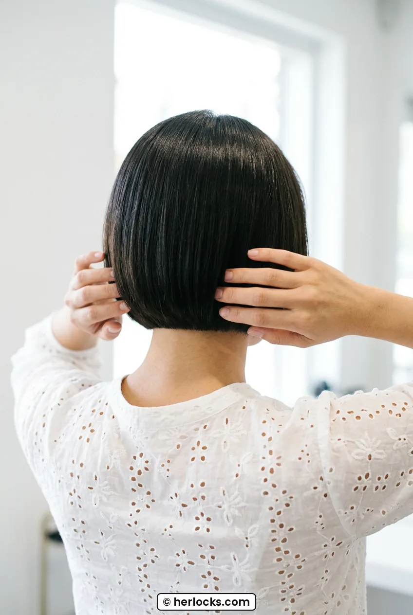 Back view of polished chin-length French bob showing tucked nape