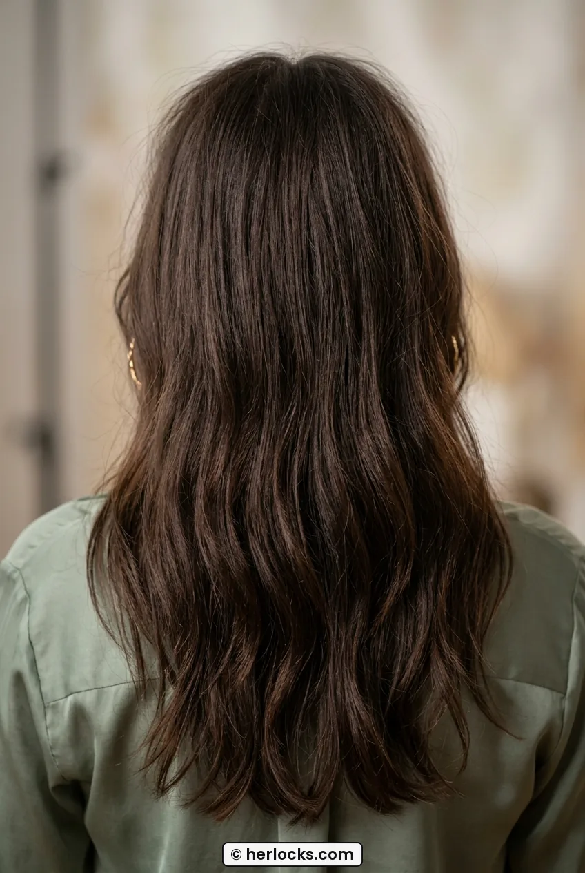 Close back view of long hair prepped with soft volume and lived-in texture