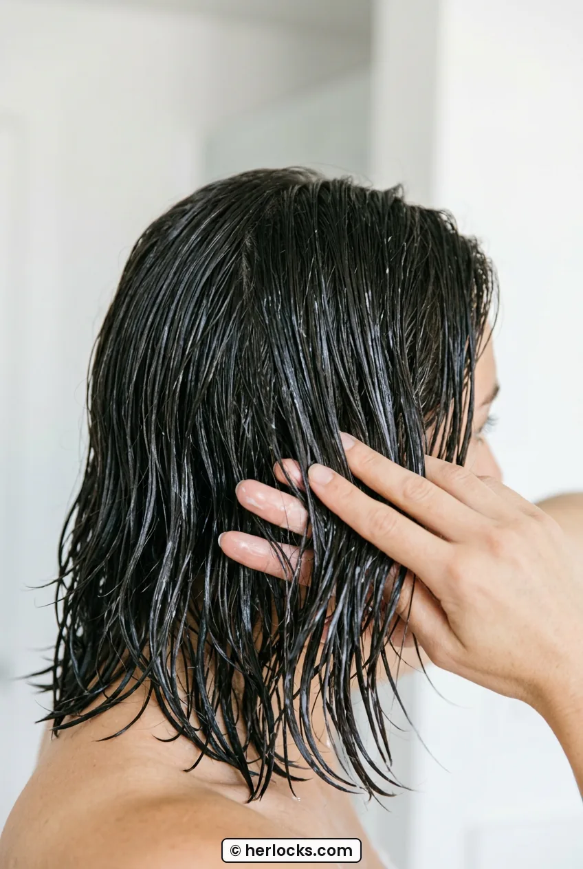 Hands working cream product through damp collarbone length layered hair in close-up