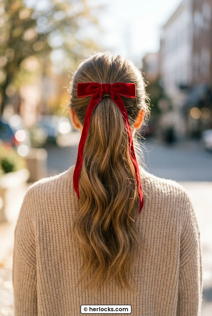 Woman with high ponytail wrapped with long red velvet bow tails in daylight