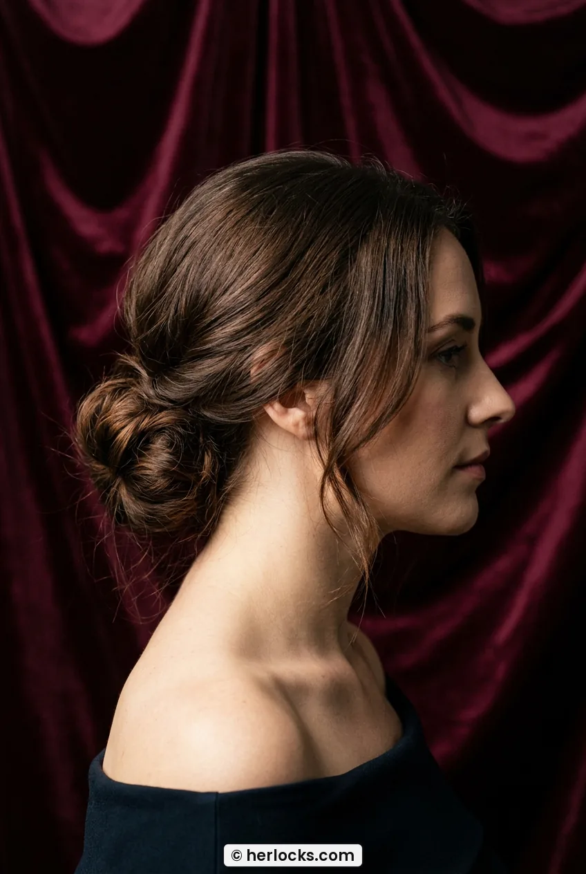 Side view of woman with relaxed low chignon bun and soft curled tendrils framing face