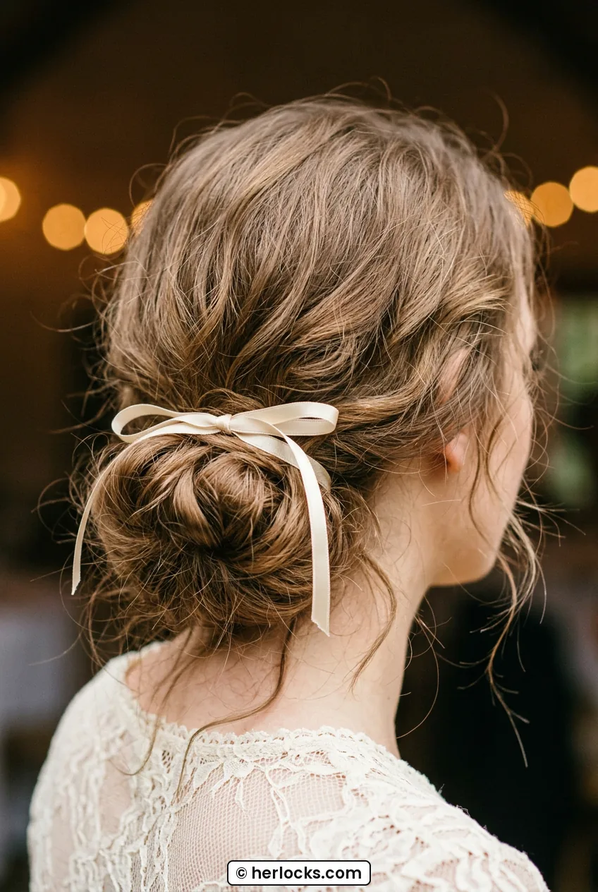 Woman with undone low bun wrapped with thin satin ribbon bow