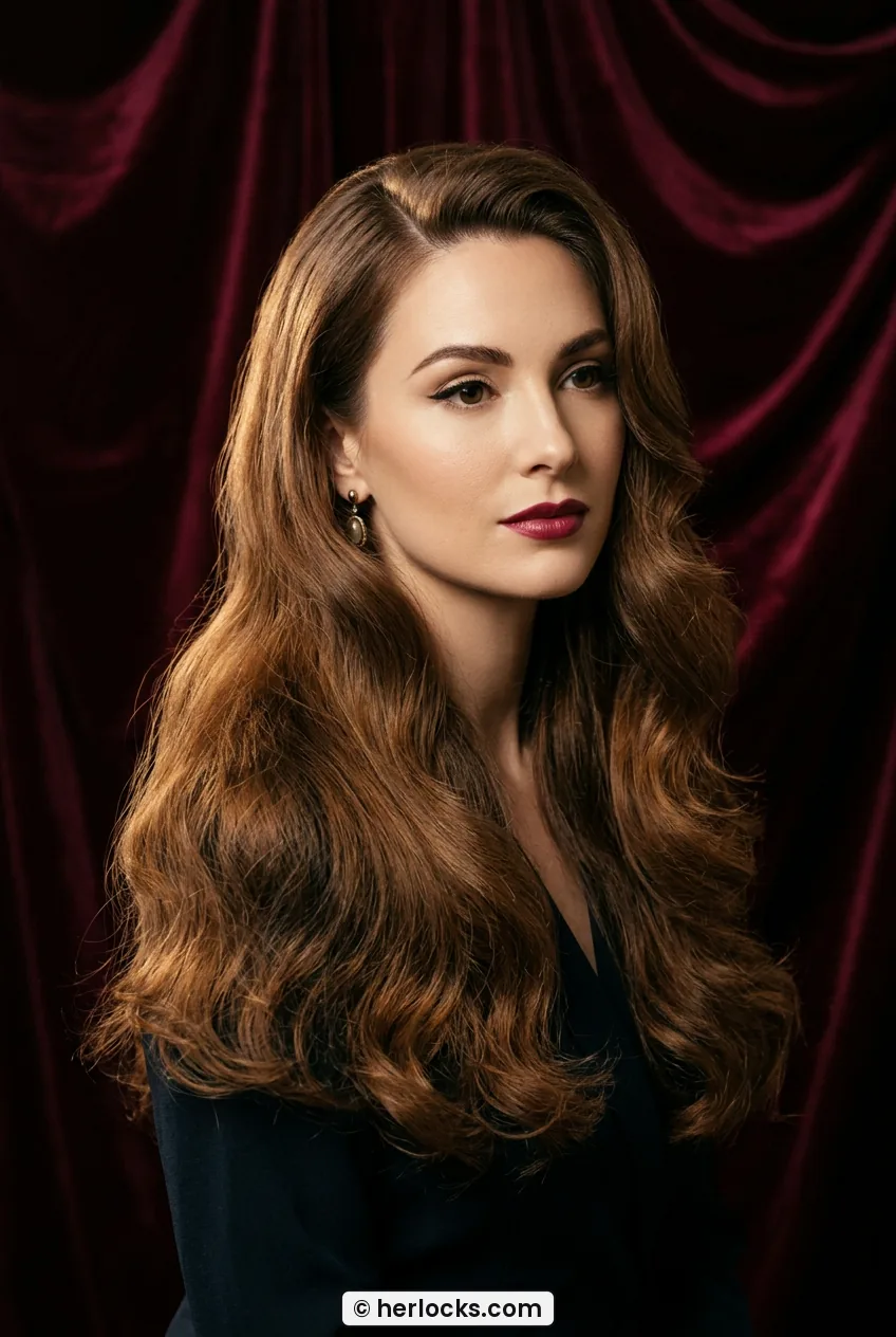 Woman with long brushed romantic waves and deep side part falling past collarbone in warm light