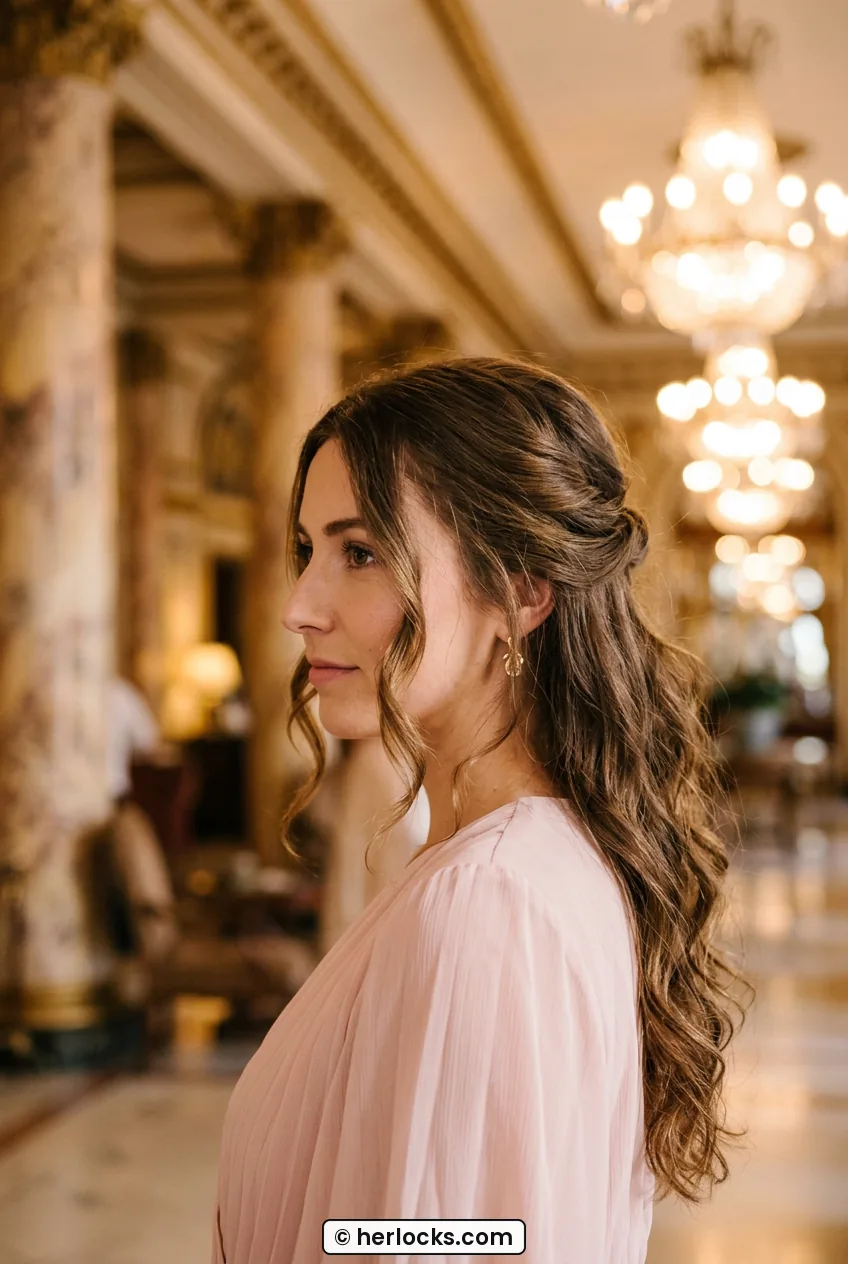 Side profile of woman with half-up twist and long wavy hair in lobby
