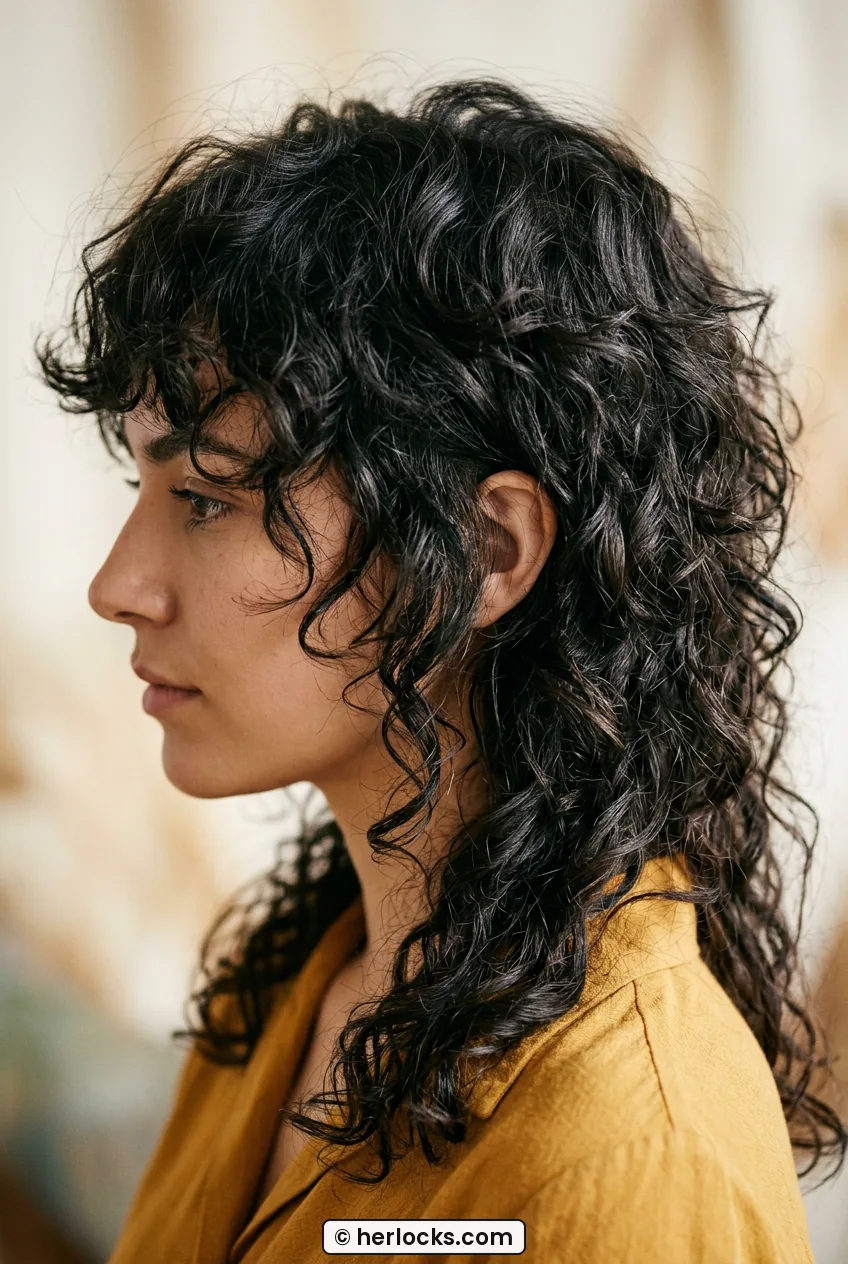 Side view of curly wolf cut crown with airy root lift and defined curls