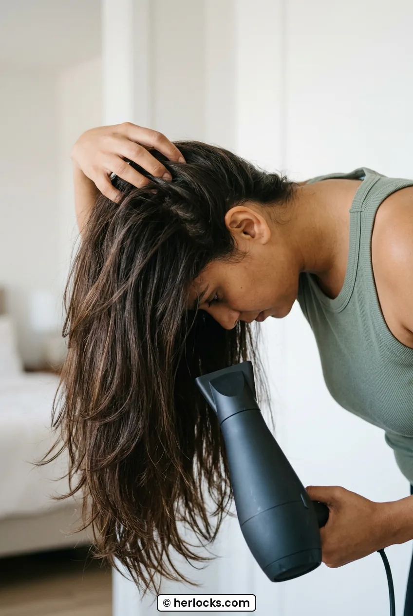 Woman rough drying roots upside down with dryer to create volume at crown