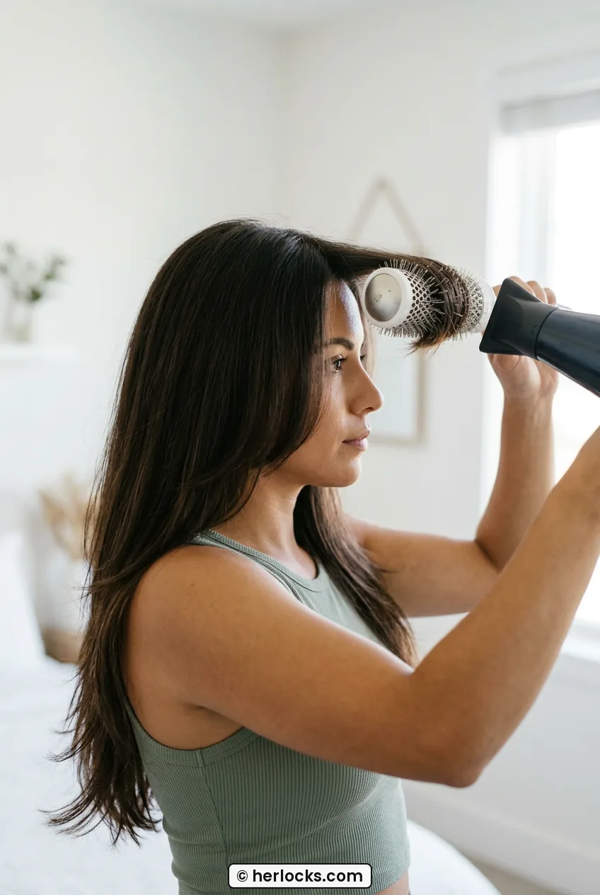 Woman smoothing front face framing layer with large round brush and dryer